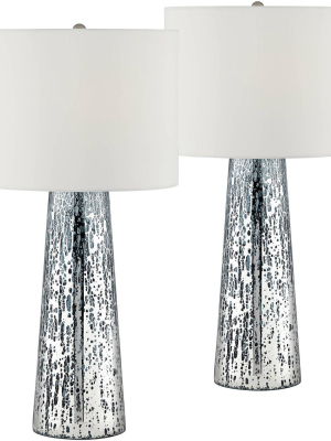 360 Lighting Coastal Table Lamps Set Of 2 Mercury Glass Tapered Column White Drum Shade For Living Room Family Bedroom