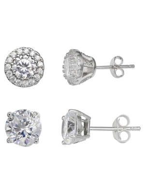 Women's Set Of Two Stud Earrings With Clear Cubic Zirconia In Sterling Silver - Silver (8mm)