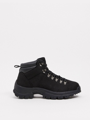 Asos Design Hiker Boots In Black Faux Suede