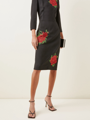 Rose-embroidered Crepe Midi Sheath Dress