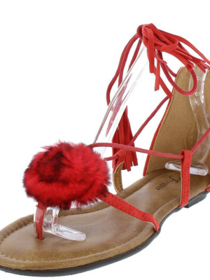 Kindly3 Red Thong Pom Pom Ghillie Ankle Tie Sandal