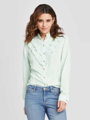 Women's Floral Print Ruffle Long Sleeve Henley Button-down Shirt - Universal Thread™ Green