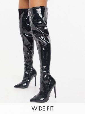 Public Desire Wide Fit Confidence Over-the-knee Boots In Black Vinyl