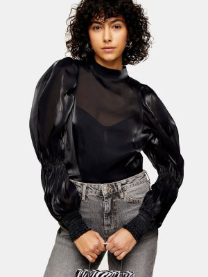 Black High Neck Puff Sleeve Blouse