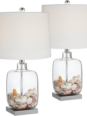 360 Lighting Coastal Accent Table Lamps Set Of 2 Clear Glass Fillable Sea Shells White Drum Shade For Living Room Family Bedroom