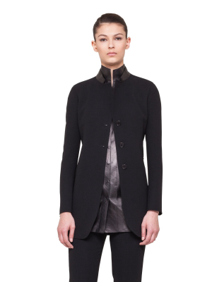 Long Double Face Wool Jacket With A Stand-up Leather Collar