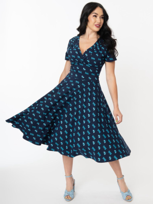 Unique Vintage Navy & Dragonfly Print Short Sleeve Delores Swing Dress