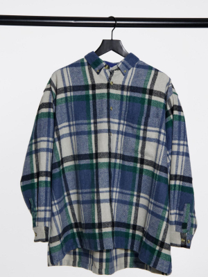 Asos Design Oversize Wide Wool Mix Shirt In Large Scale Blue Check