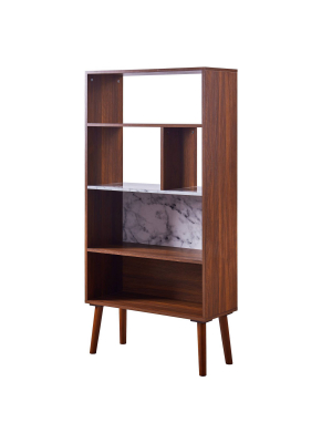 58" Kingston Bookshelf With Faux Marble Top Solid Wood Leg Walnut - Versanora