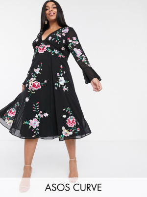 Asos Design Curve Embroidered Midi Dress With Lace Inserts