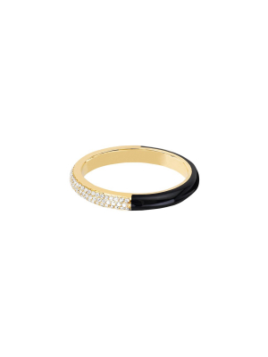 Two Tone Diamond & Black Enamel Ring - Yellow Gold