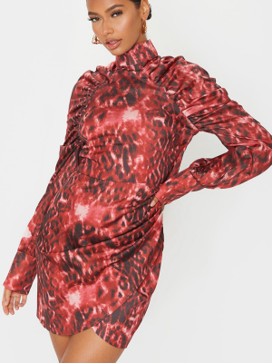 Red Leopard Print Long Puff Sleeve High Neck...