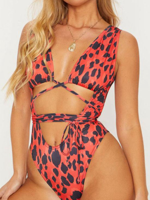 Low Back High Leg Cheetah Tie Straps Cutout Front One Piece Swimsuit