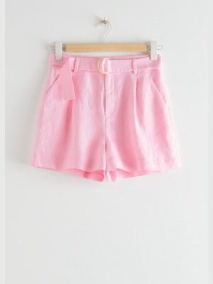 Belted Linen Pleat Shorts