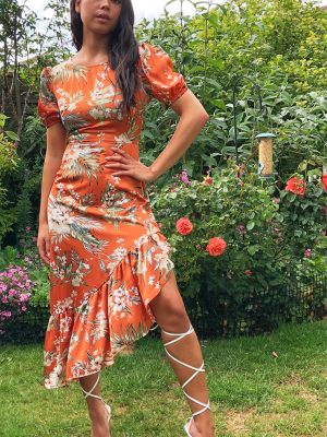 Orange Floral Short Sleeve Frill Hem Midi Dress