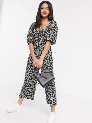 Asos Design Jersey Button Front Cupped Tea Culotte Jumpsuit In Dark Based Daisy