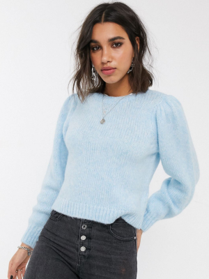 Only Knitted Sweater With Puff Sleeves In Blue