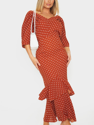 Rust Polka Dot Draped Bardot Tiered Hem Midi Dress