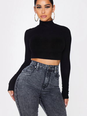 Shape Black Brushed Rib High Neck Lace Up Crop Top