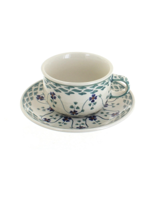 Blue Rose Polish Pottery Sage Floral Cup & Saucer