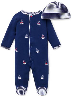 Sailboats Footed One-piece And Hat