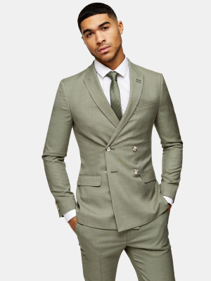 Khaki Skinny Fit Double Breasted Suit Blazer With Peak Lapels