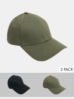 Asos Design 2 Pack Baseball Cap In Black And Khaki Save