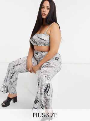 Rokoko Plus Flared Pants In Newspaper Print Two-piece