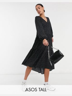 Asos Design Tall Textured Tiered Midi Smock Dress In Polka Dot