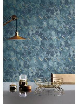 Whitney Wallpaper In Blue And Gold From The Metalworks Collection By Seabrook Wallcoverings