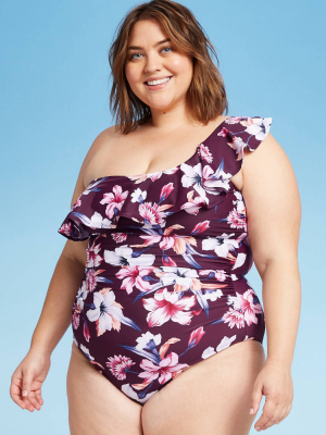 Women's Plus Size One Shoulder Flounce One Piece Swimsuit - Kona Sol™