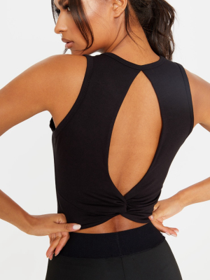 Prettylittlething Black Knot Back Cropped Gym Top