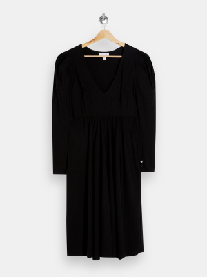 Black Stretch Sleeve Detail Midi Dress