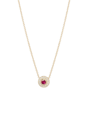 14k Round Ruby And Diamond Halo Necklace