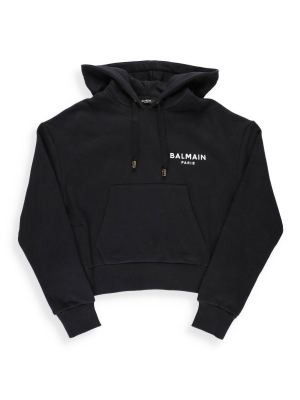 Balmain Flocked Logo Cropped Hoodie