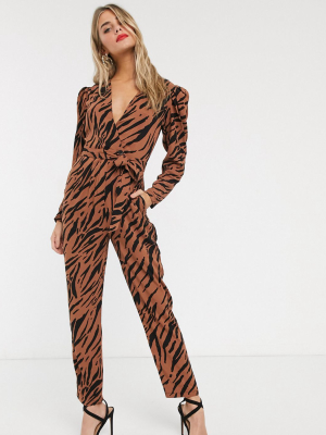 Asos Design Tea Jumpsuit In Tiger Print