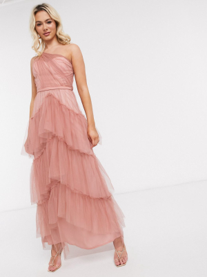 Little Mistress Tiered One Shoulder Maxi In Cosmetic Pink