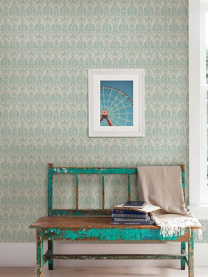 Isla Turquoise Petite Damask Wallpaper From The Kismet Collection By Brewster Home Fashions