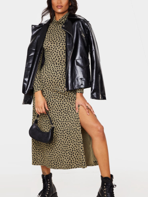 Khaki Dalmatian Long Sleeve Midi Dress