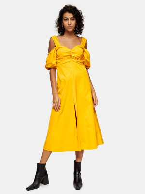 Ochre Taffeta Bardot Midi Dress