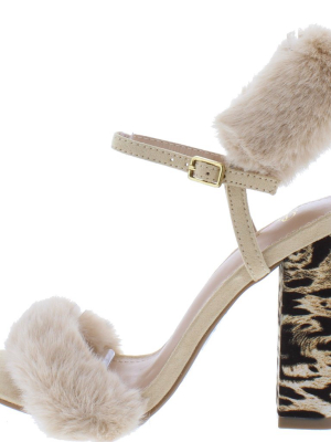 Ily Nude Faux Fur Open Toe Slingback Printed Block Heel