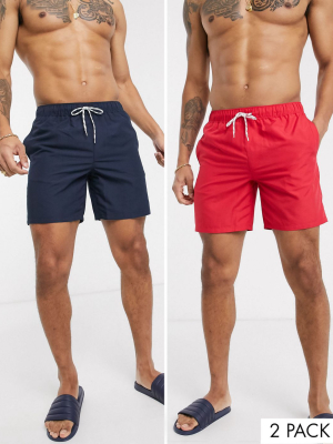 Asos Design 2 Pack Swim Shorts In Navy & Red Mid Length Save