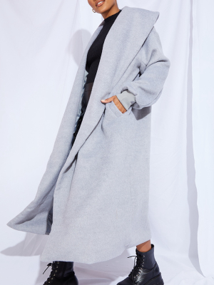 Grey Brushed Wool Look Lapel Balloon Sleeve Coat