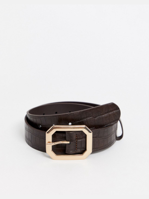 Asos Design Hexagon Buckle Croc Waist And Hip Jeans Belt In Chocolate