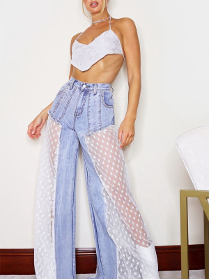Mid Blue Wash Star Sequin Mesh Cut Out Wide Leg...