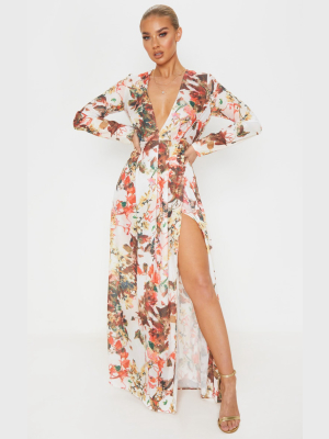 Floral Print Plunge Long Sleeve Maxi Dress