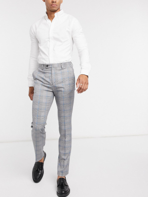 Avail London Skinny Fit Suit Pants In Gray Prince Of Wales Check With Blue Stripe