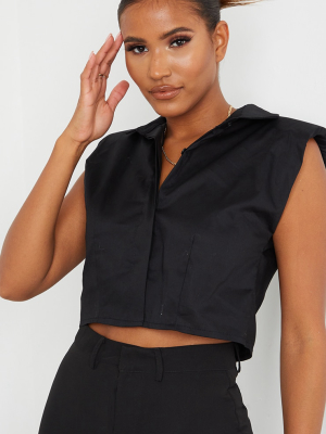 Black Woven Shoulder Pad Cropped Sleeveless Shirt