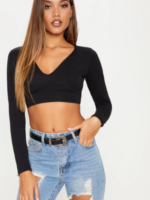 Basic Black Long Sleeve Deep V Crop Top