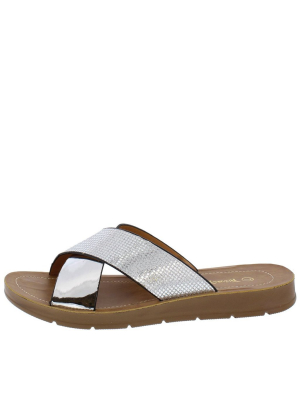 Delight04 Silver Open Toe Cross Strap Slide On Sandal